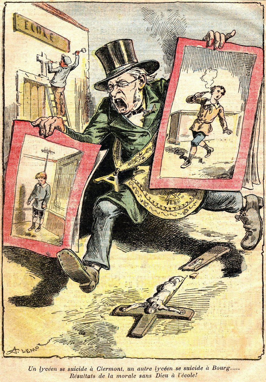 The results: one lyceen suicide in Clermont, another in Bourg: results of morality without God at school! - Cartoon by Achille Lemot in Le Pelerin (1909) - opposition of Laique and religious teaching (Catholic) - an official of the Republic wea by Achille Lemot