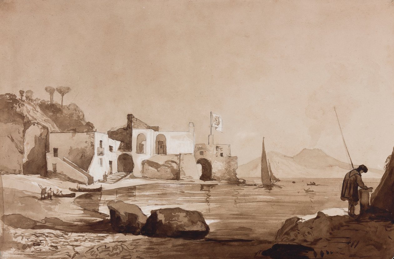 Port flying the Borbone flag with Vesuvius to the south, with additions by a Borbone pupil by Achille Vianelli