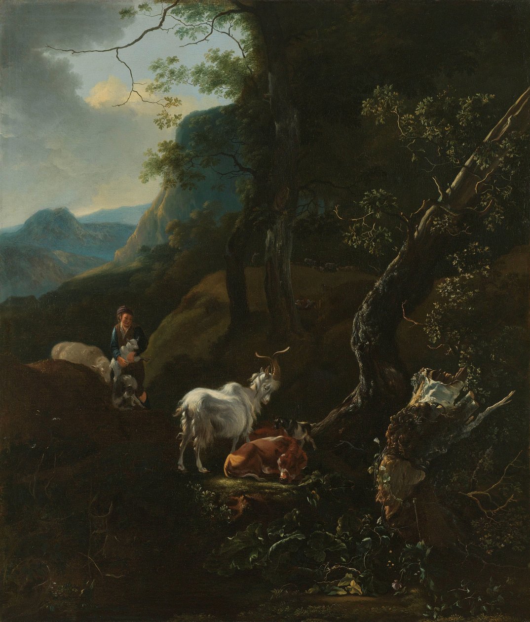 A Shepherdess with Animals in a Mountainous Landscape by Adam Pijnacker