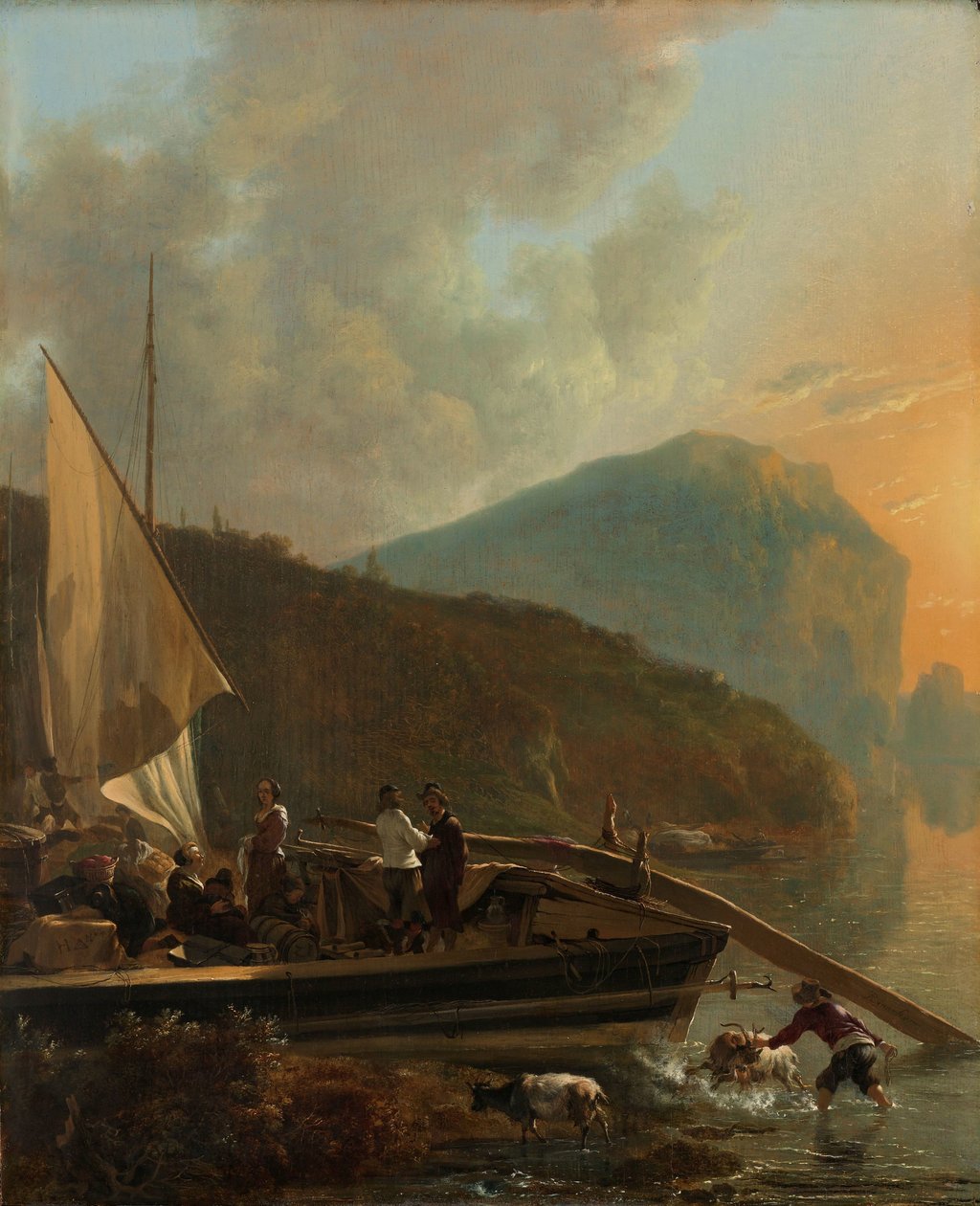 Italianate River Landscape, A Boat on the Bank of a River by Adam Pijnacker