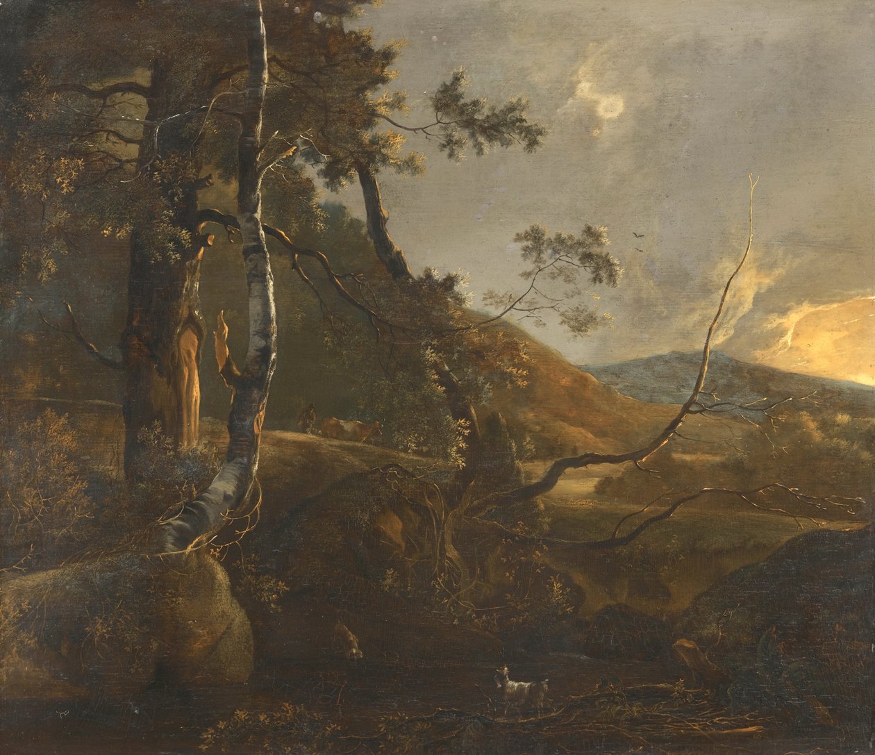 A Wooded Landscape with a Herdsman on a Path and a Lone Goat by Adam Pynacker