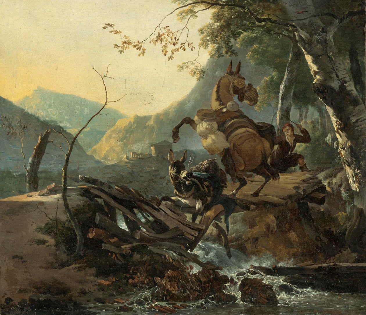 An Italianate Landscape with Two Donkeys Crossing a Collapsing Bridge by Adam Pynacker