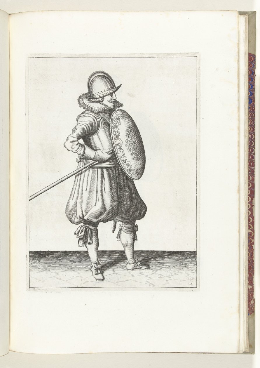 The exercise with shield and pike: the soldier brings the pike into position to drag in two movements, second movement (no. 14), 1618 by Adam van Breen