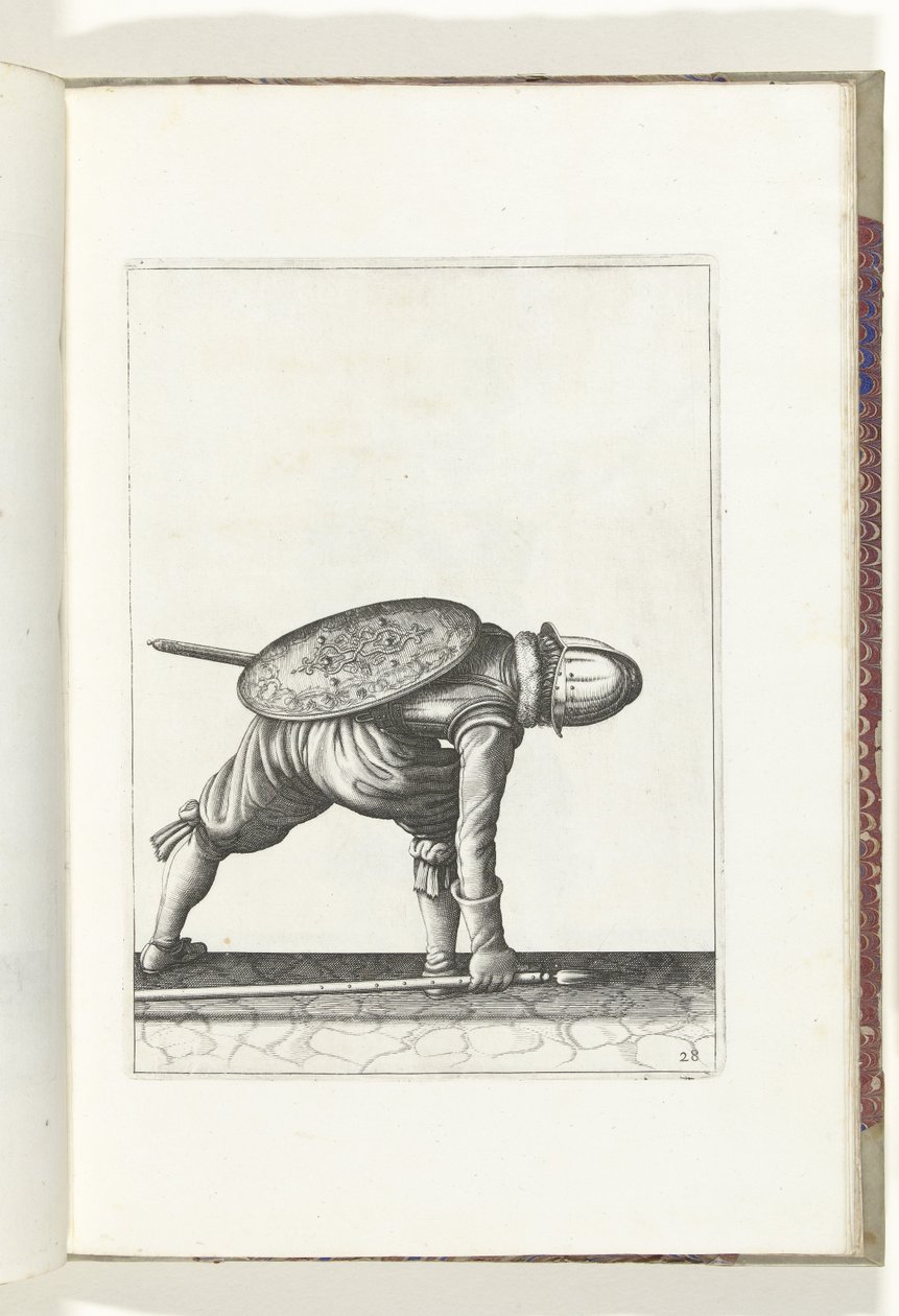 Exercise with Shield and Spear: The Soldier Bends to Pick Up the Spear (No. 28), 1618 by Adam van Breen