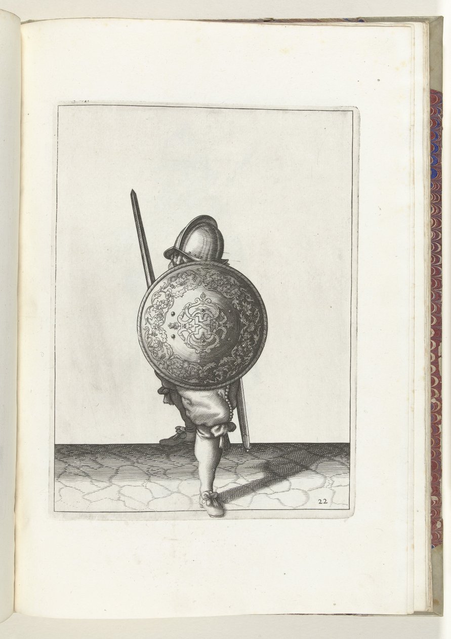 Exercise with Shield and Spear: The Soldier in a Defensive Stance with One Foot Forward and His Rapier and Shield on His Knee in Front of His Body, Seen from the Front (no. 22), 1618 by Adam van Breen