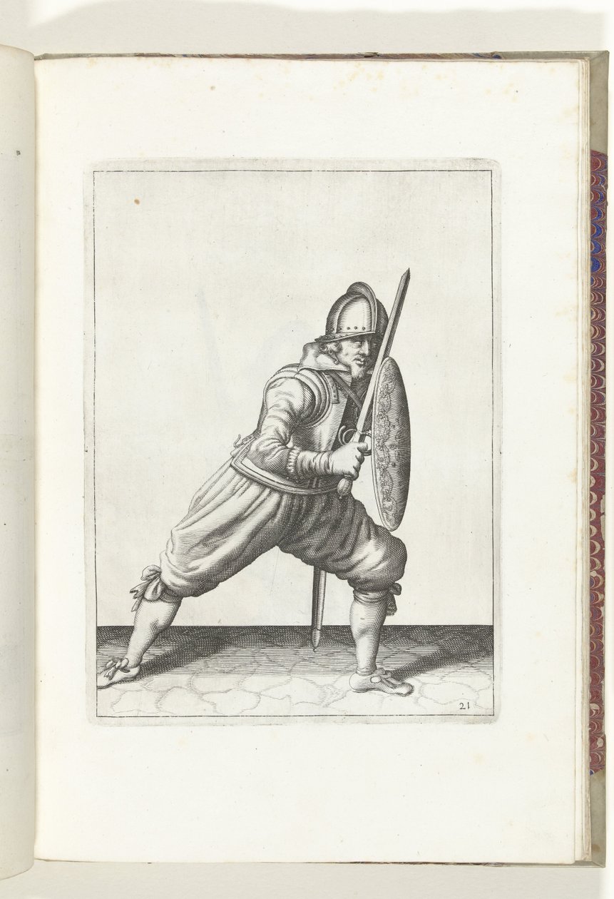 Exercise with Shield and Pike: The Soldier in a Defensive Stance with One Foot Forward and His Rapier and Shield on His Knee in Front of His Body (No. 21), 1618 by Adam van Breen