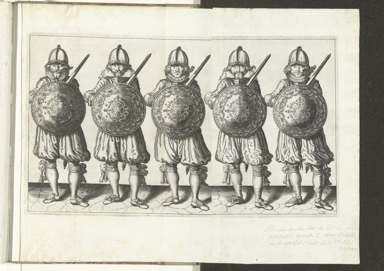 The Exercise with Shield and Spear: Five Soldiers Standing Side by Side in Formation with the Rapier in the Right Hand and the Shield in Front of the Chest, 1618 by Adam van Breen