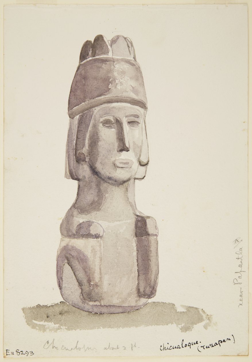 2 ft high stone statue of a human head from Chicualoque, Near Papantla by Adela Breton