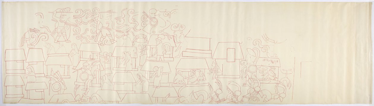Copy of a Tracing of a Wall Painting from the Southern Panel of the West Wall, Inner Temple, Upper Temple of the Jaguars, Chichen Itza, Mexico by Adela Breton