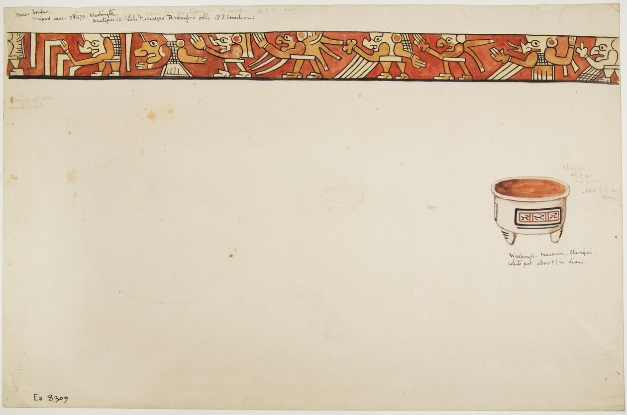 Inner Border of a Tripod Vase (which depicts grotesque figures) and a White Pot with Designs Contained in Rectangles by Adela Breton