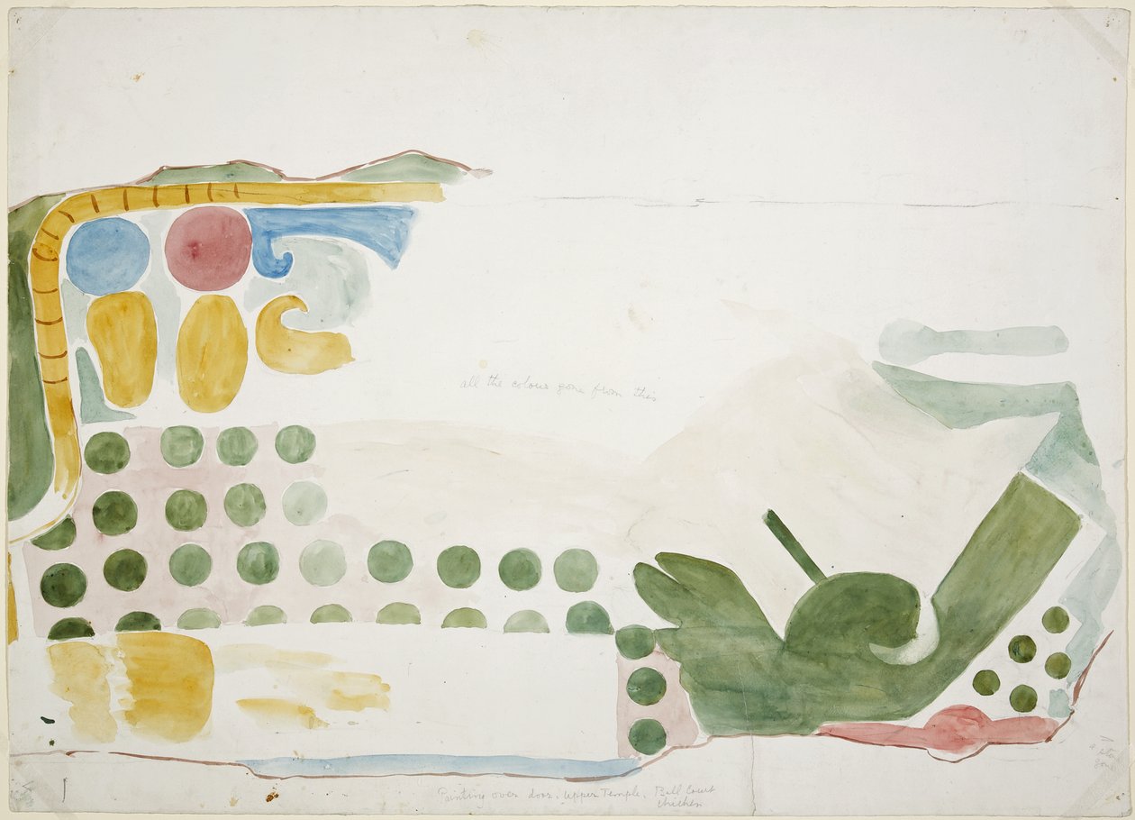 Painting of part of a mural depicting a scene of human sacrifice from above the door of the inner chamber, Upper Temple of the Jaguars, Upper Temple Ball Court, Chichen Itza, Mexico by Adela Breton