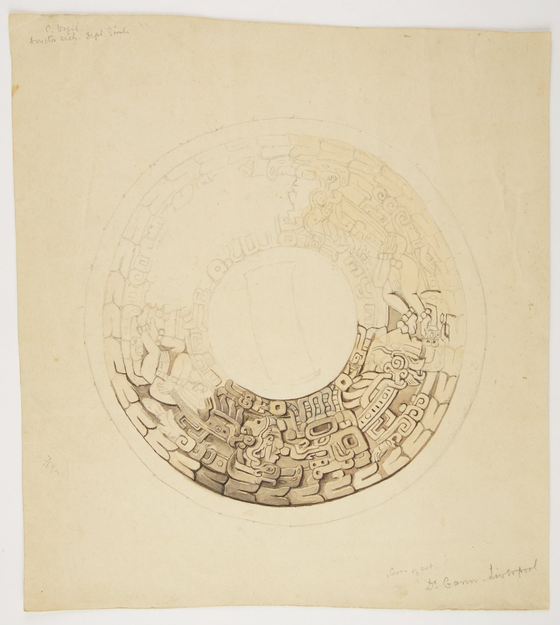 Pot Cover from Belize (formerly British Honduras) Circular Design, Part of Which is Missing, Shows a Design Including Figures of Men, Glyphs etc by Adela Breton