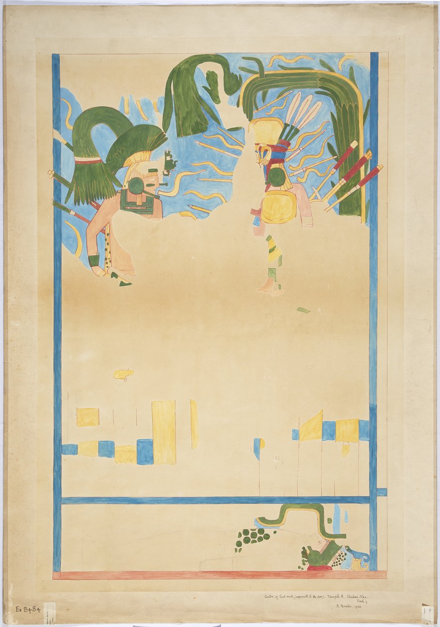 Quarter-scale copy of a wall painting from the centre of the east wall, inner chamber, Upper Temple of the Jaguars, Great Ball Court, Chichen Itza, Mexico by Adela Breton