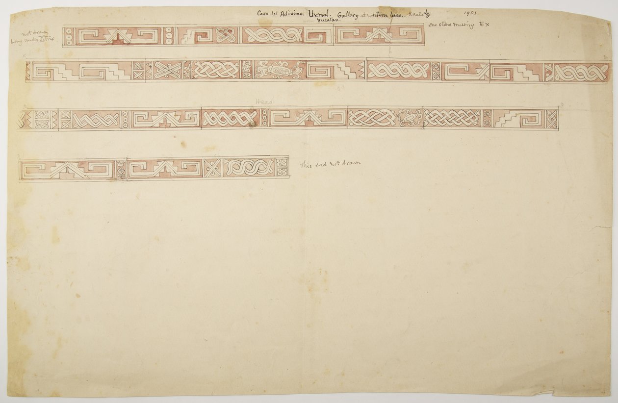 Ruins/Stone Reliefs at Temple at Uxmal, Mexico Depicting Frieze by Adela Breton