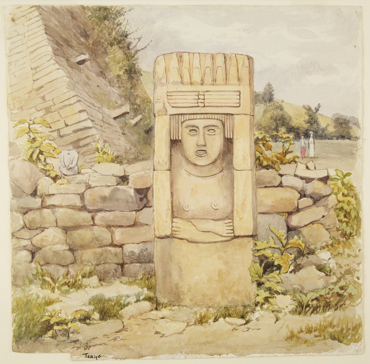 Statue from Teayo, north Veracruz, Mexico Shows stone statue with breasts and folded arms by Adela Breton