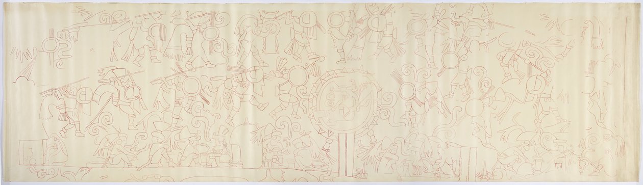 Tracing of a mural from the west wall, Upper Temple of the Jaguars, Chichen Itza, Mexico by Adela Breton