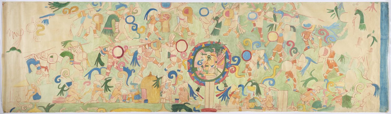 Tracing of a mural painting from Upper Temple of the Jaguars, Chichen Itza, Mexico by Adela Breton