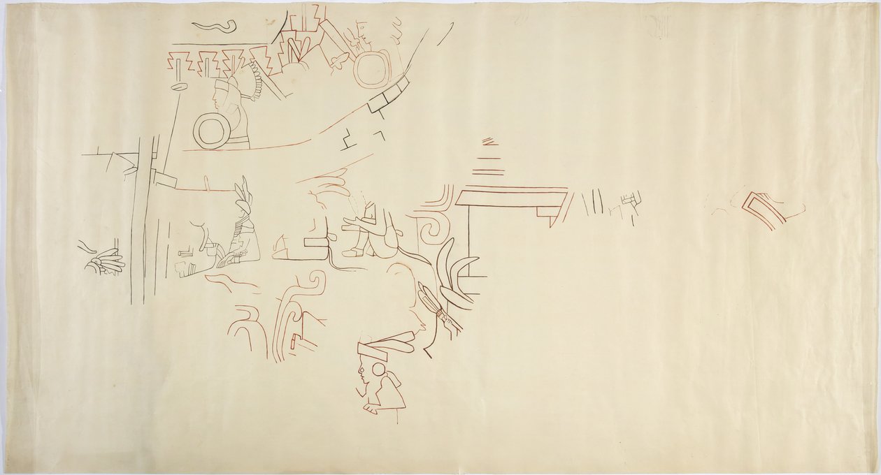 Tracing of a wall painting from Casa de Monjas, Chichen Itza, Mexico Vault in large chamber by Adela Breton