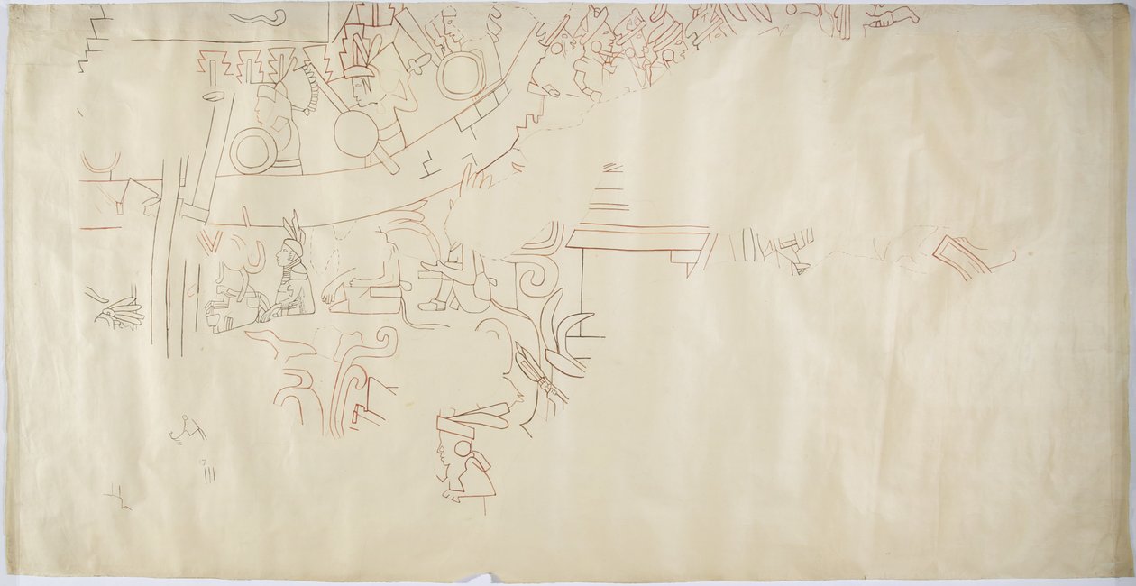 Tracing of a wall painting from Casa de Monjas, Chichen Itza, Mexico Vault in large chamber by Adela Breton
