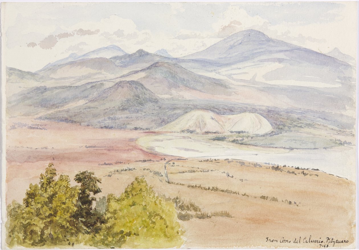 View from the Cerro del Calvario, Patzcuaxo on one side of the paper and on the other is a view of the ancient fortress and stone mounds, Iguatcho from Cerro del Calvario, Patzcuaro, Michoacan, Mexico by Adela Breton