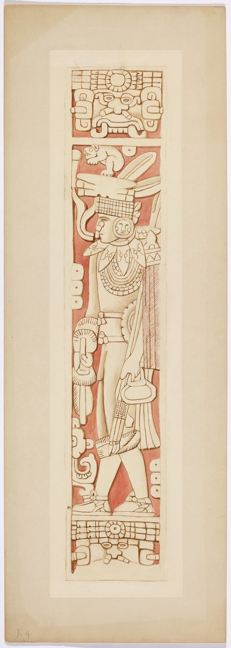 Warrior figure on the door jambs between the inner and outer chambers of the Upper Temple of the Jaguars by Adela Breton
