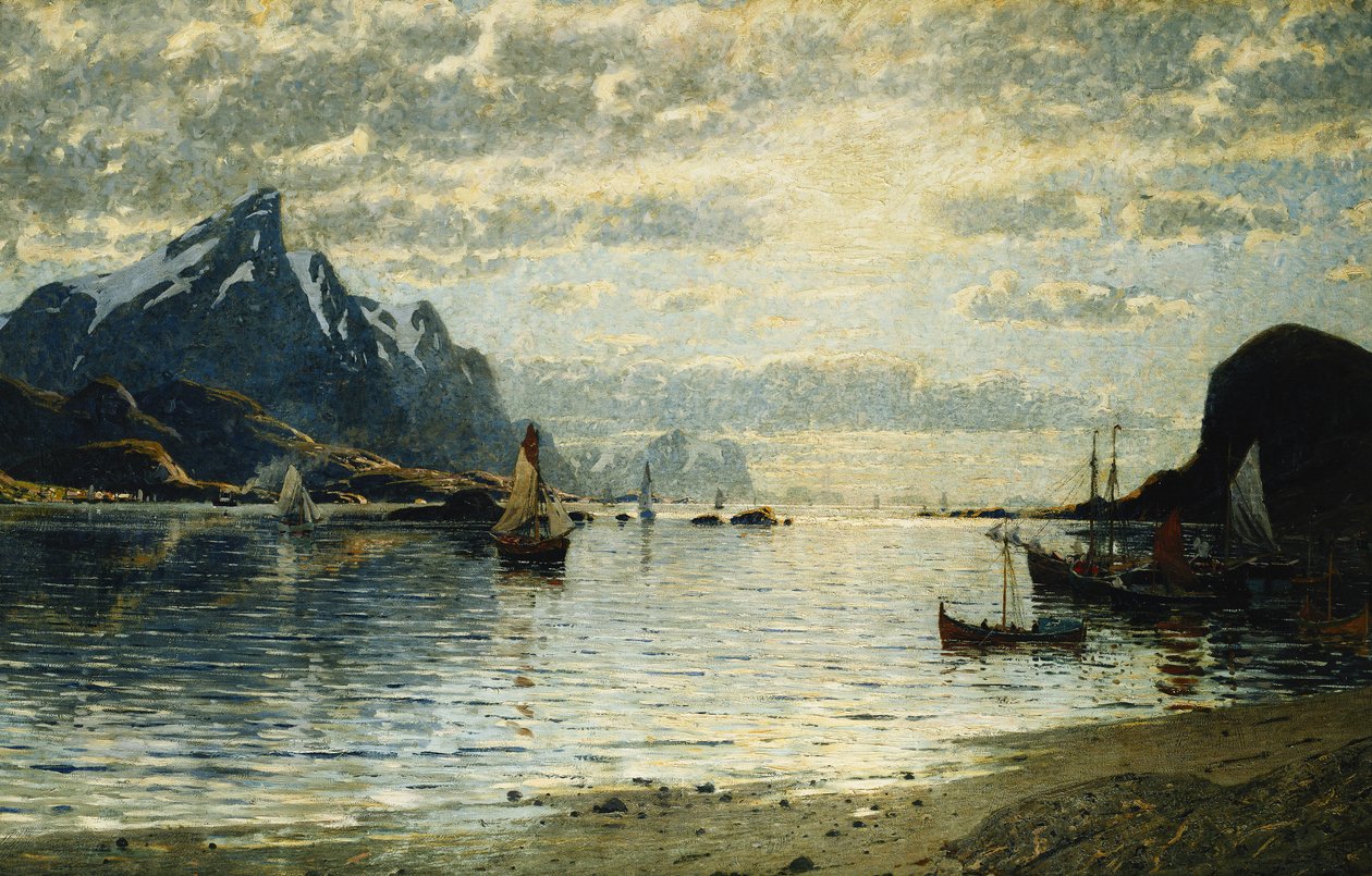 A Fjord Scene with Sailing Vessels by Adelsteen Normann