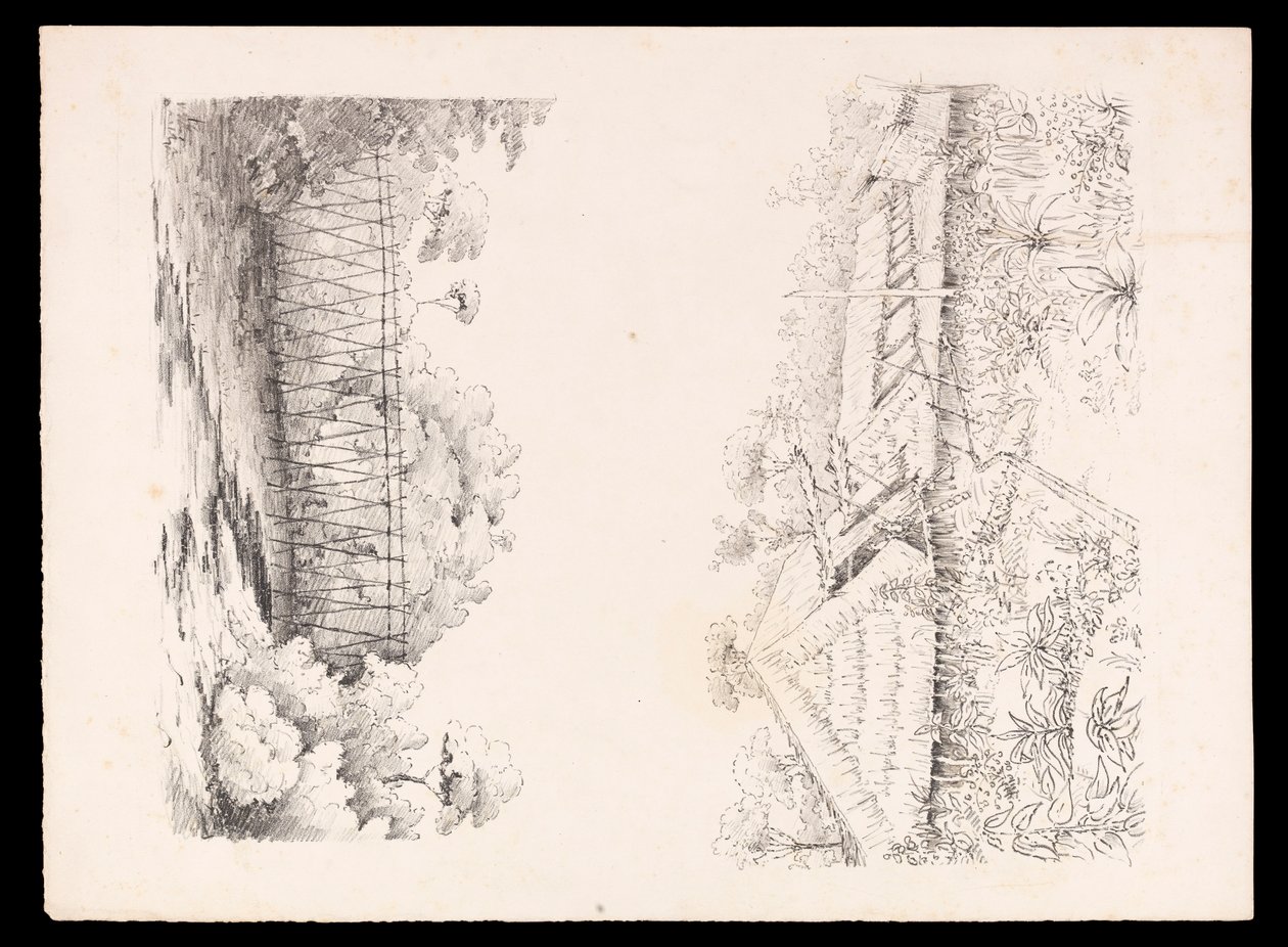 Village of the Stang tribe, Sarawak, Borneo; and a bridge of poles over a river from West Indies, North American and Borneo scrapbook, c.1845 by Admiral Sir Edward Gennys Fanshawe