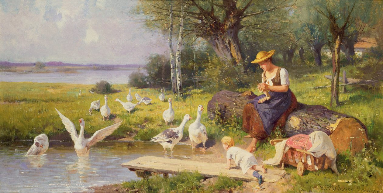 Mother and Child with Geese by Adolf Ernst Meissner