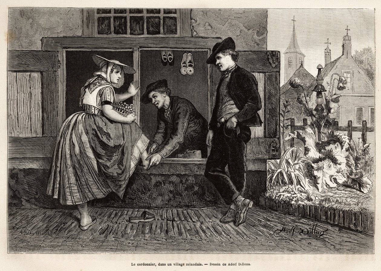A shoemaker in a Zelandan village, makes a young woman try a shoe accompanied by a young man, engraving after the drawing by Adolf Dillens, illustrating a journey to Zelande (Netherlands) by Adolf Alexander Dillens
