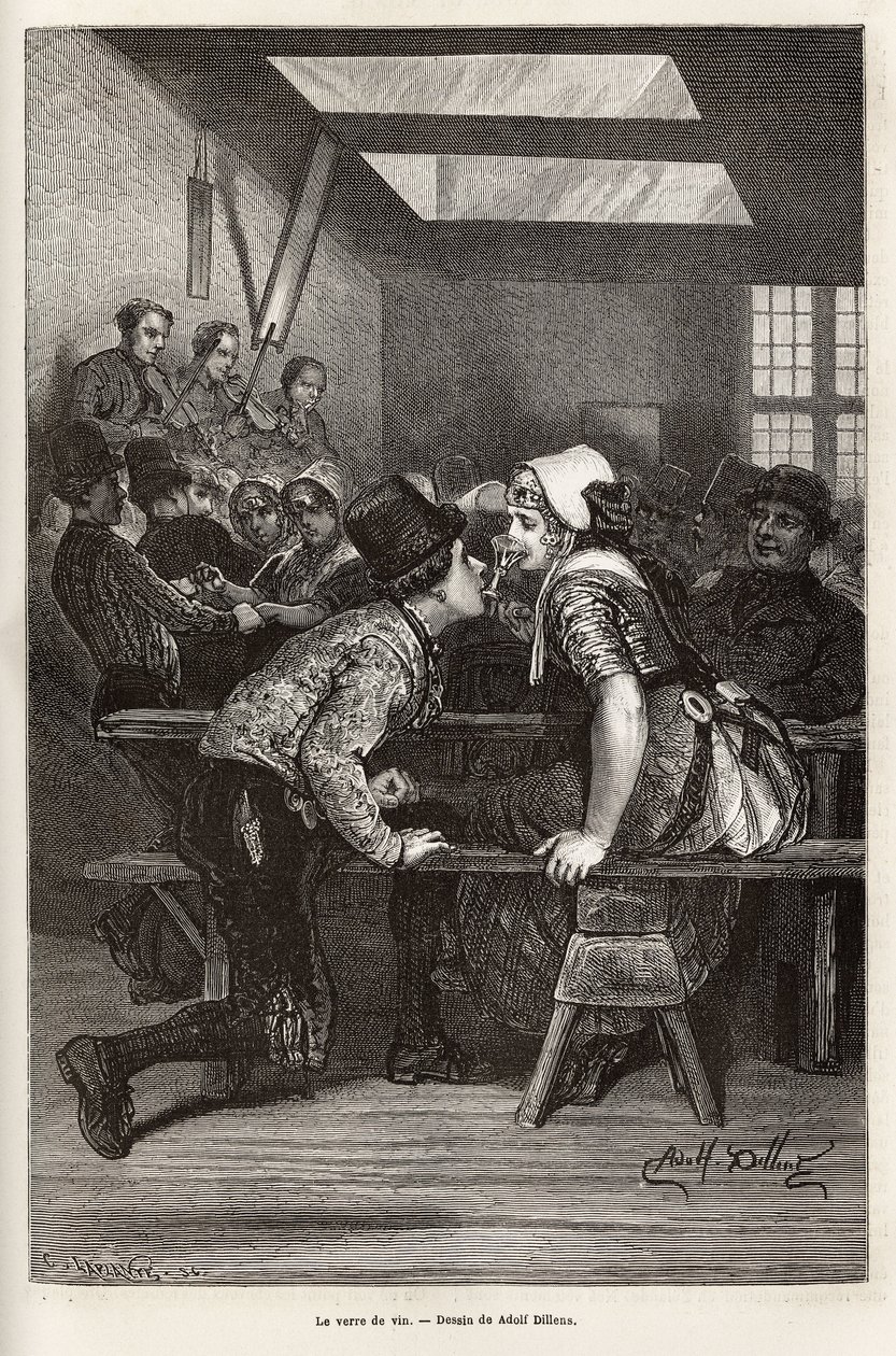 On fair days, the peasants offer to drink sweet liqueurs to young girls, the same glass serves everyone, and passes from mouth to mouth, often filled, and allows the young pretendant to make his court, at the rhythm of the orchestra and dances (engraving) by Adolf Alexander Dillens