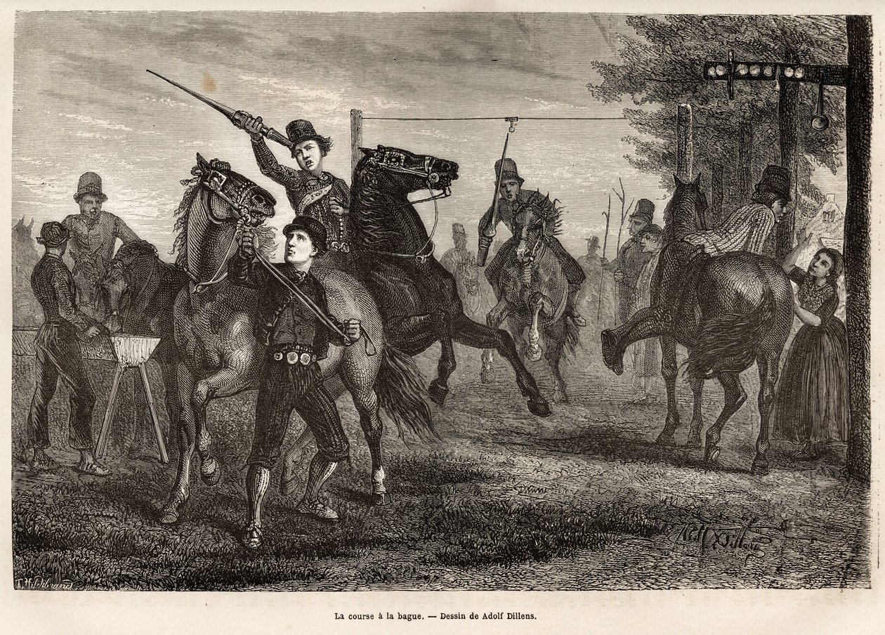 The Race to the Ring in Niewland, the Young Riders Compete for, Weapon of a Wooden Spear, Removing the Ring from the Gantry Where It Is Suspended, Horse Throws Gallop; for the Most Clumsy, a Spoon of Wood is Also Suspended from a Nearby Sign Which Will Be by Adolf Alexander Dillens