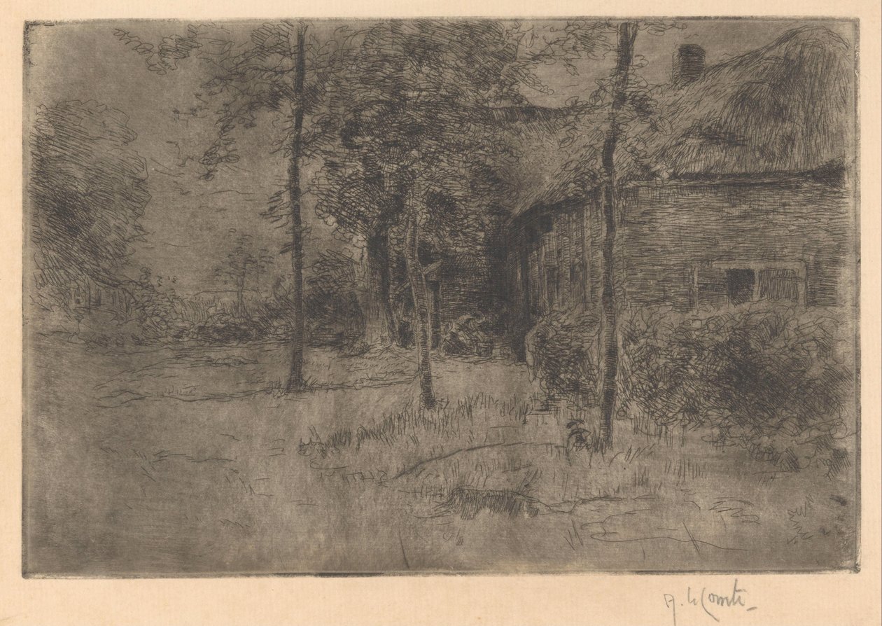 Farmhouse with Thatched Roof by Adolf le Comte (signed by artist)