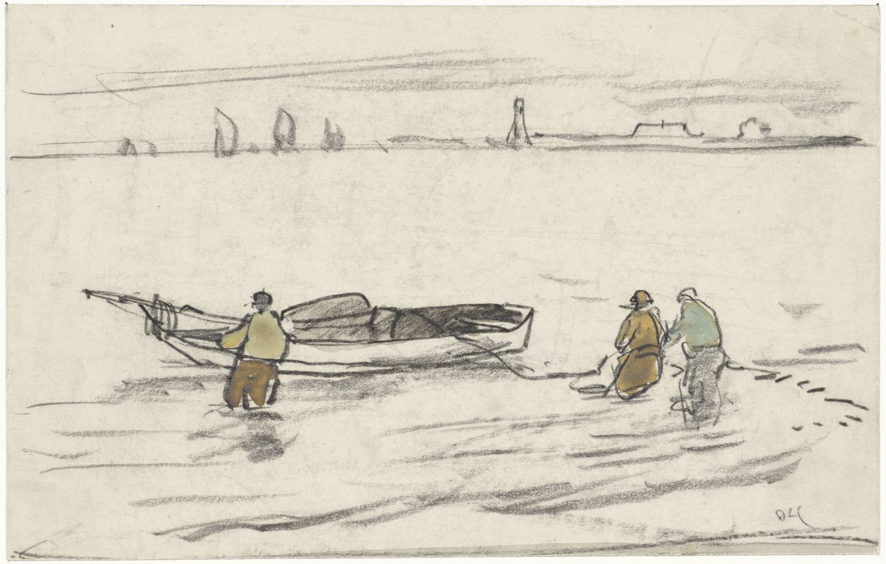 Three Men Standing in Water Pulling a Sailboat to Shore by Adolf le Comte