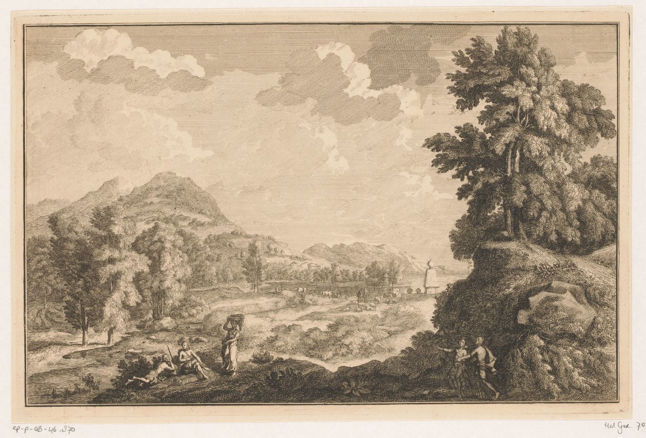 Arcadian River Landscape with Shepherds and Woman with a Laundry Basket by Adolf van der Laan