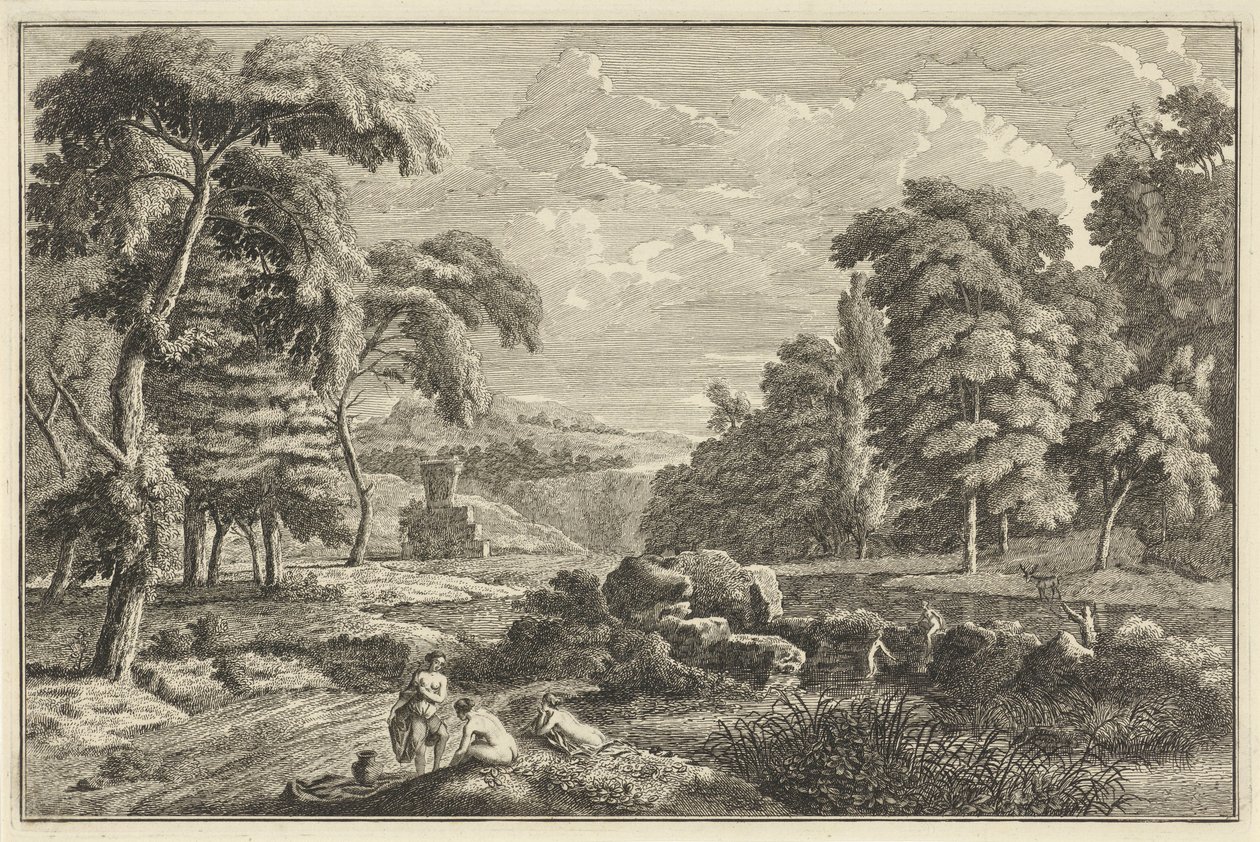 Arcadian River Landscape with Five Bathing Women and a Deer by Adolf van der Laan
