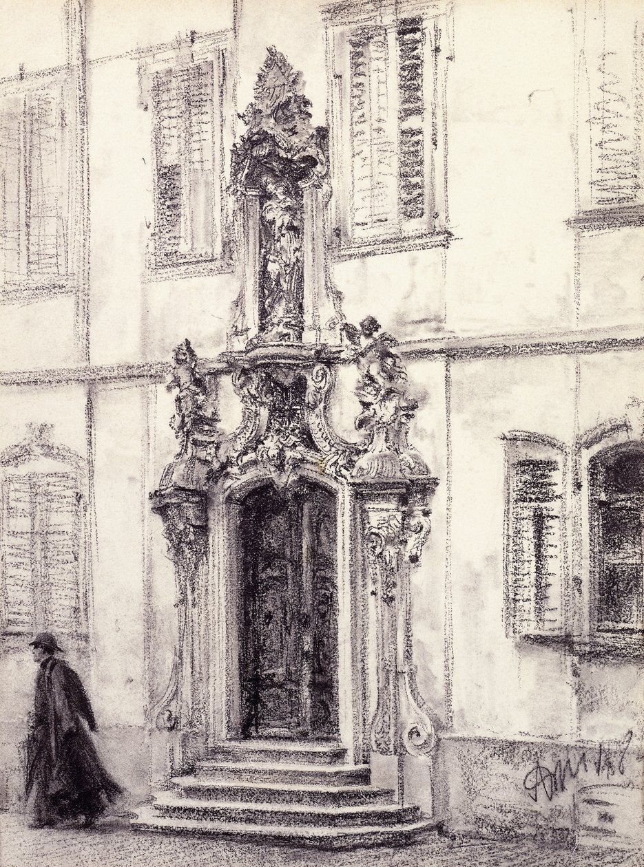 A Man Descending the Stairway of a Building Decorated with a Baroque Portal by Adolph Menzel