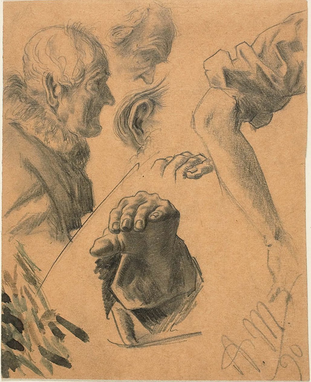 Sketches of Hands, Arms, and Heads by Adolph Menzel