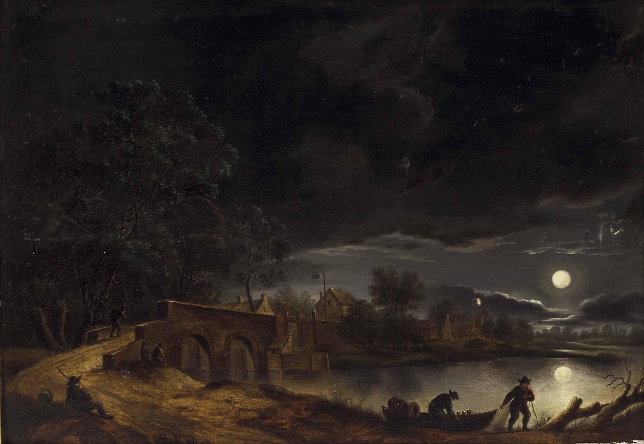 Full Moon over Village on the River with Bridge and Figures by Adolph Friedrich Vollmer