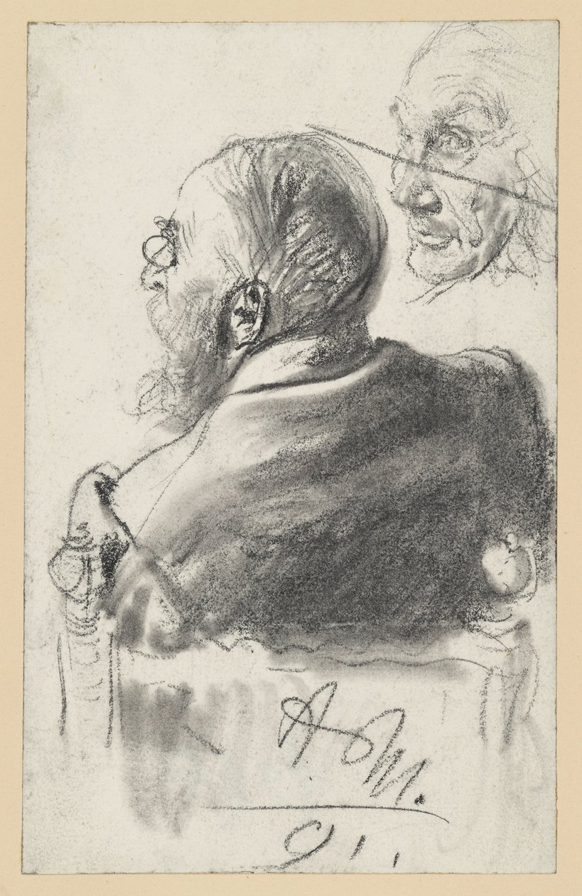 Bearded Man with Pince-nez Sitting in an Armchair, Back View, Face of an Old Man by Adolph Menzel