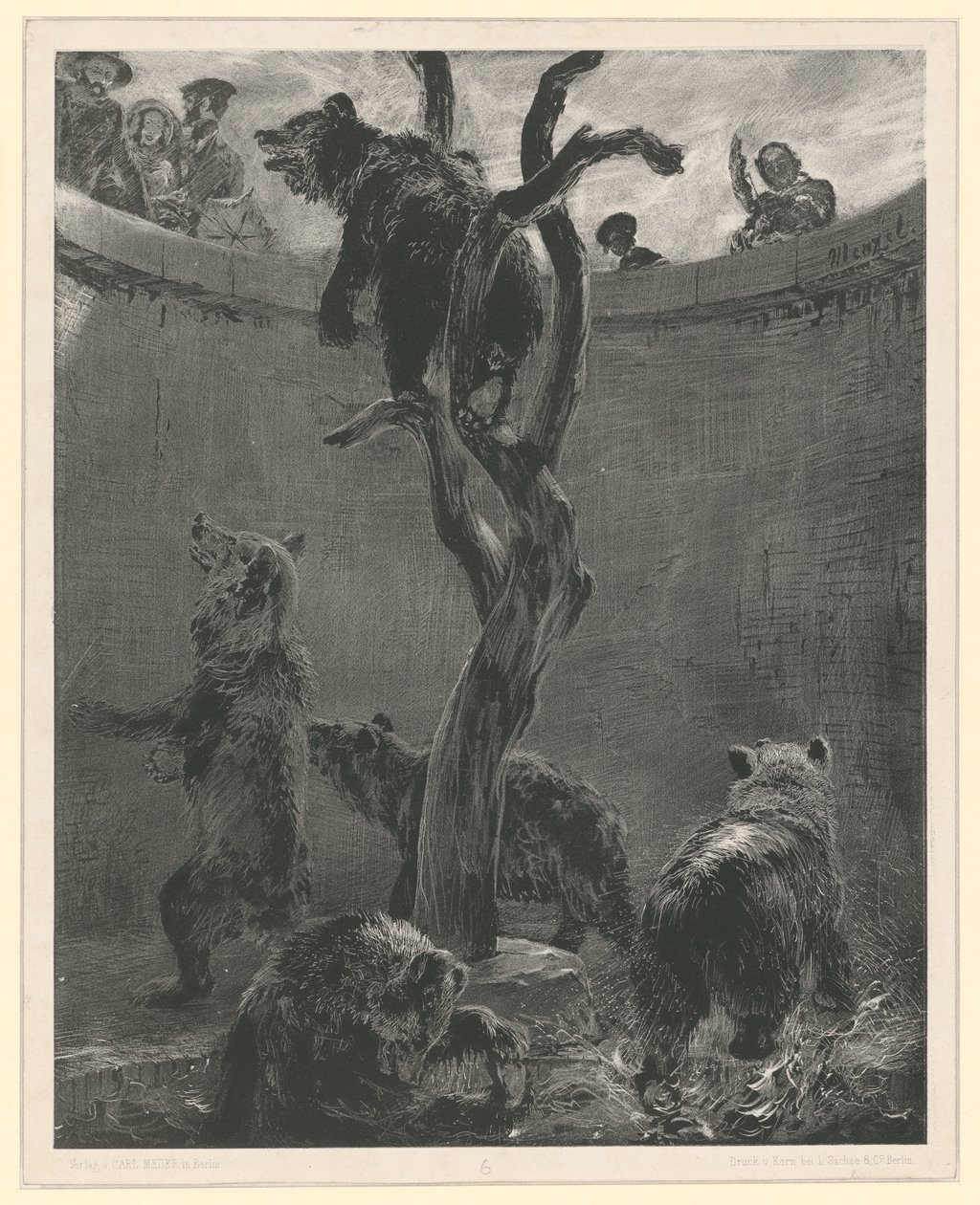 The Bear Pit in the Zoological Garden. Plate 6 from: Experiments with Brush and Scraper, Book 1 by Adolph Menzel