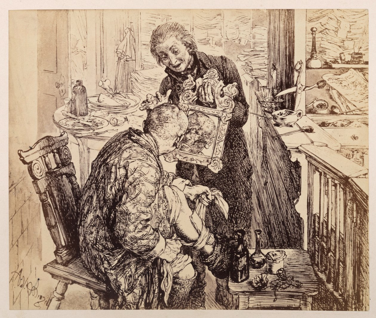 The Scribe Licht Finds Village Judge Adam Bandaging His Leg. Adam Looks in the Mirror Held by Licht, at His Bruised Face, to Heinrich von Kleist