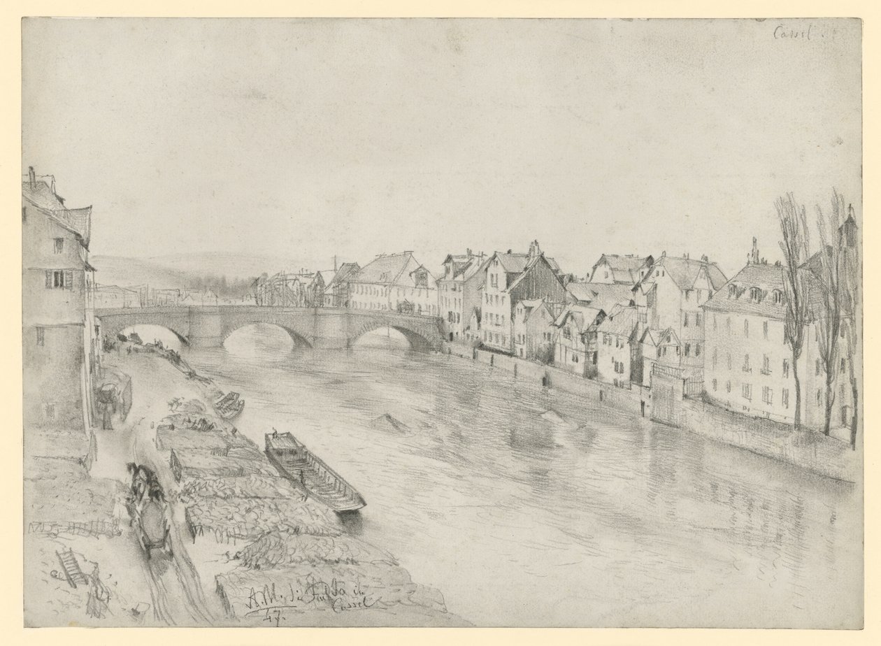 The Fulda in Kassel. River Landscape with Bridge and Houses by Adolph Menzel