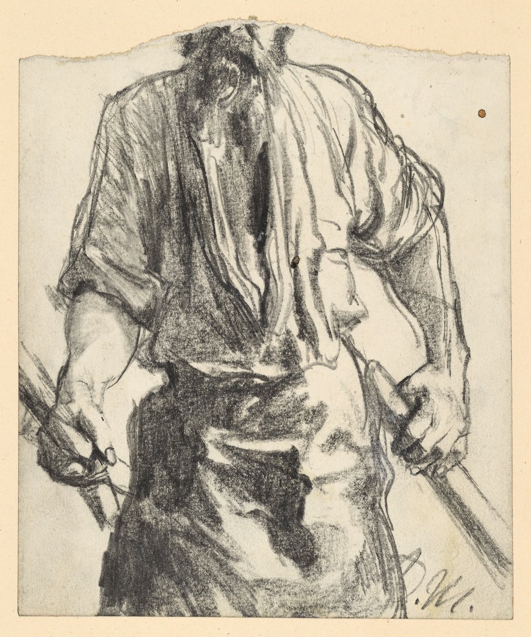 Ironworker with Apron and Wood in Hands. Study for "Iron Rolling Mill. Modern Cyclopes" by Adolph Menzel
