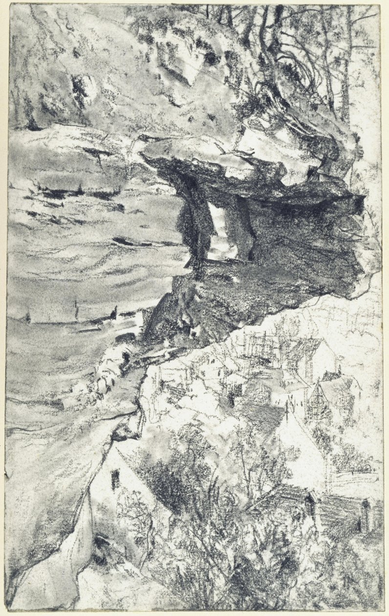 Rock Overhang with Village in the Background (Saxon Switzerland?) by Adolph Menzel