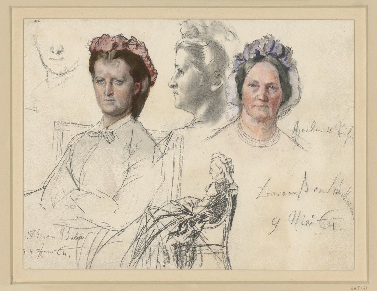 Miss von Below, Half Figure Sitting to the Left, Head Almost En Face, Right: Head Study in Profile to the Left, Below: Whole Figure Sitting (Partly Crossed Out) Right: Baroness von Schuckmann, Head Study En Face by Adolph Menzel