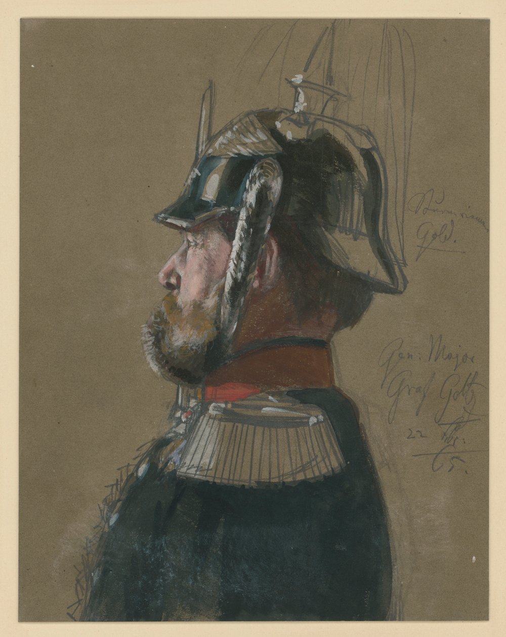 Karl Friedrich Count von Goltz, Major General, Bust Portrait with Helmet and Sword, Profile to the Left, Portrait Study for “The Coronation of Wilhelm I in Königsberg” by Adolph Menzel