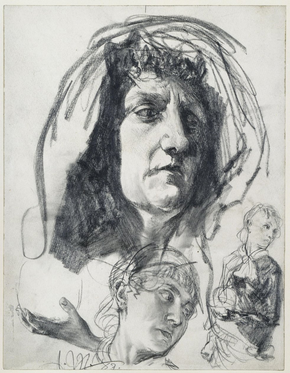 Head of an Older Woman with Cloth, Studies of a Younger Woman with Hat. Model Studies for "Piazza d