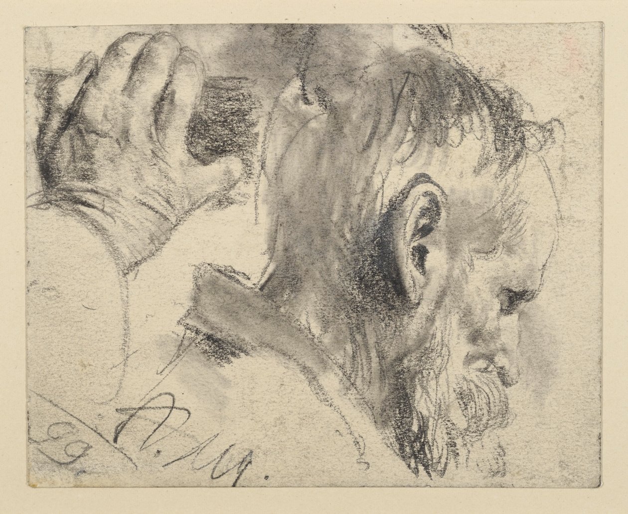 Head of a Bearded Man, Slightly Bowed, to the Right and Right Hand by Adolph Menzel