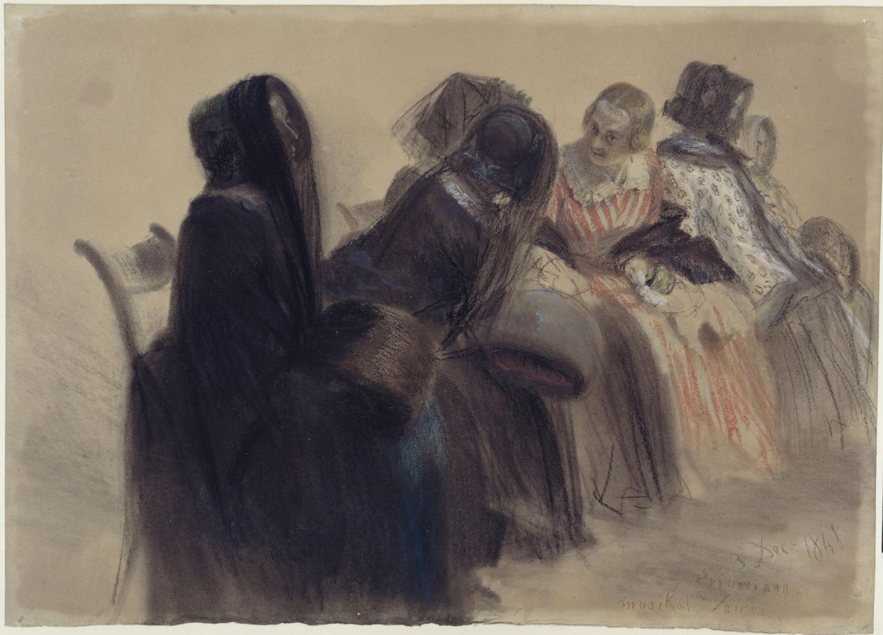 Musical Soirée, Six Ladies Sitting on Chairs in a Row Leading into Depth, Partly in Conversation by Adolph Menzel