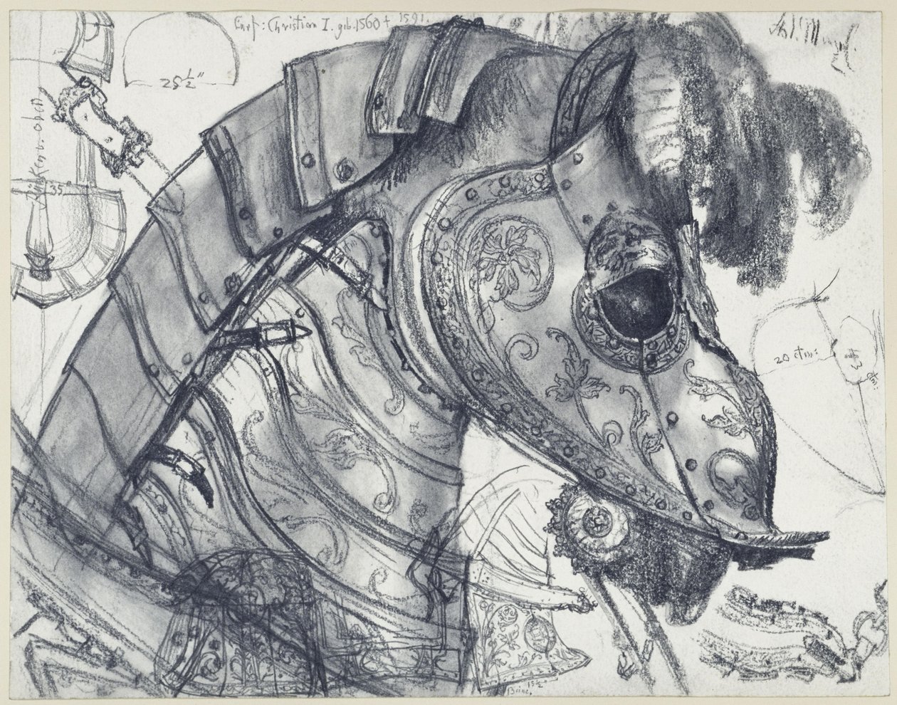 Horse Armor and Parade Armor for Man and Horse of Elector Christian I of Saxony in Various Views and Scale Sketches, Historical Museum, Dresden by Adolph Menzel